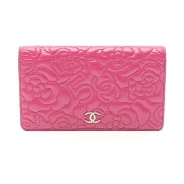 CHANEL Camelia Bifold purse wallet A70618 Lambskin sheep leather Pink Used Women