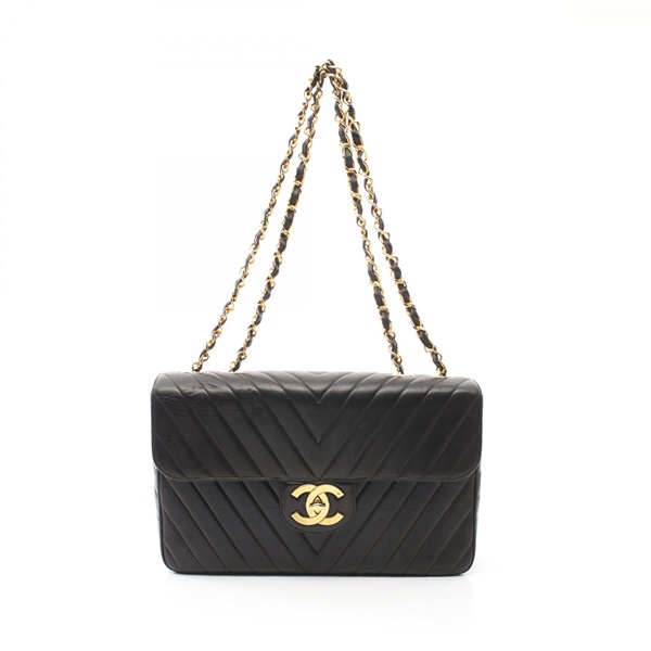 CHANEL Chevron V Stitch chian Shoulder Bag A03660 Lambskin Black Used GHW