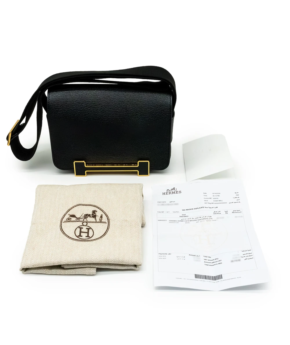 Hermes 2023 (Stamp B) Black Chevre Mysore Leather Geta bag