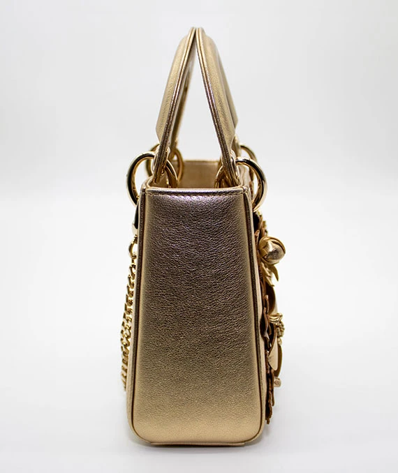Christian Dior Gold Ultra Matte Lady Dior Flower Embroidered Lambskin Mini Bag