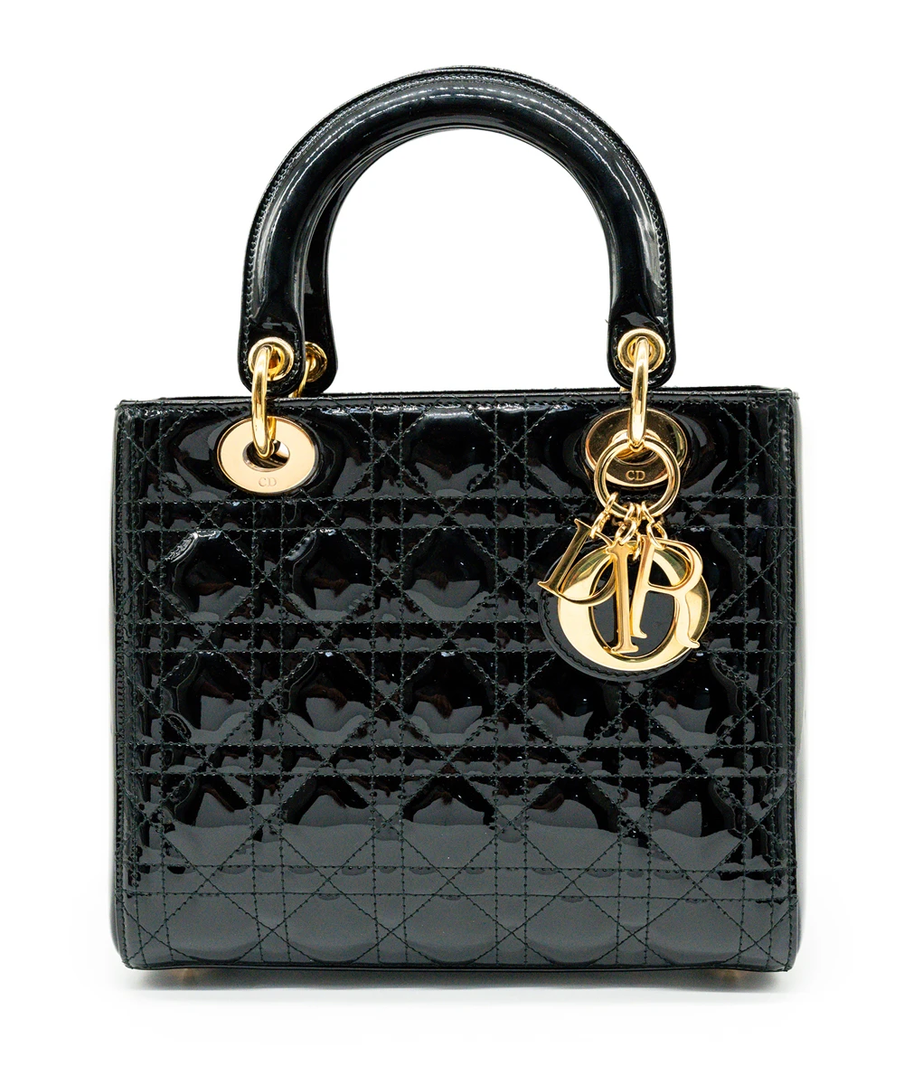Christian Dior Black Color Cannage Patent Leather Medium Lady Dior Satchel Bag