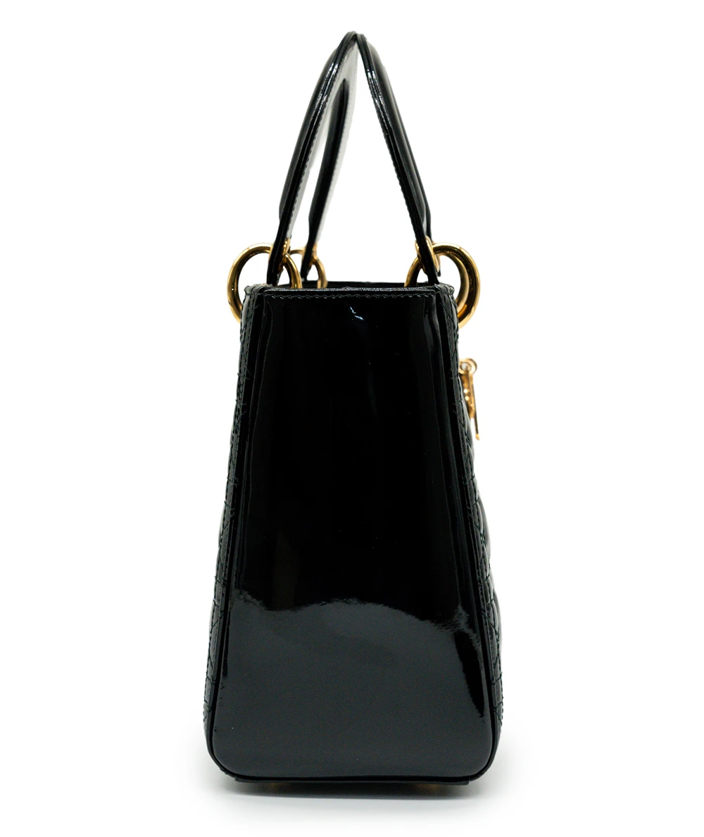 Christian Dior Black Color Cannage Patent Leather Medium Lady Dior Satchel Bag