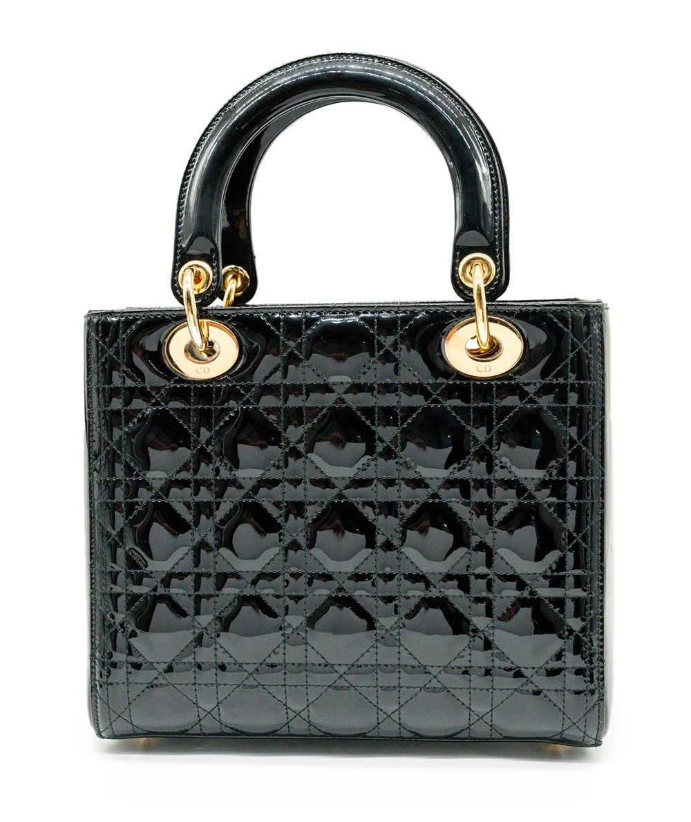 Christian Dior Black Color Cannage Patent Leather Medium Lady Dior Satchel Bag
