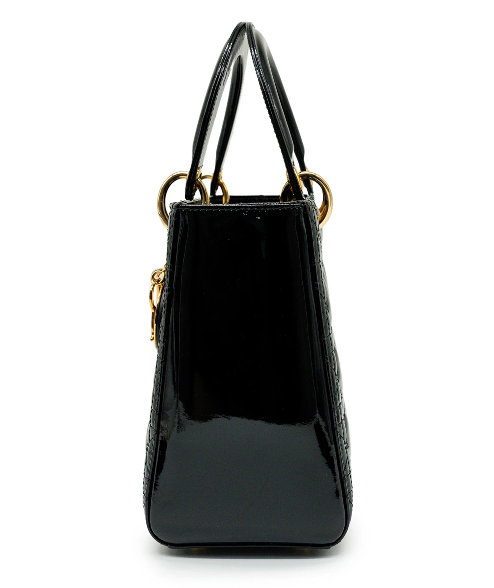Christian Dior Black Color Cannage Patent Leather Medium Lady Dior Satchel Bag