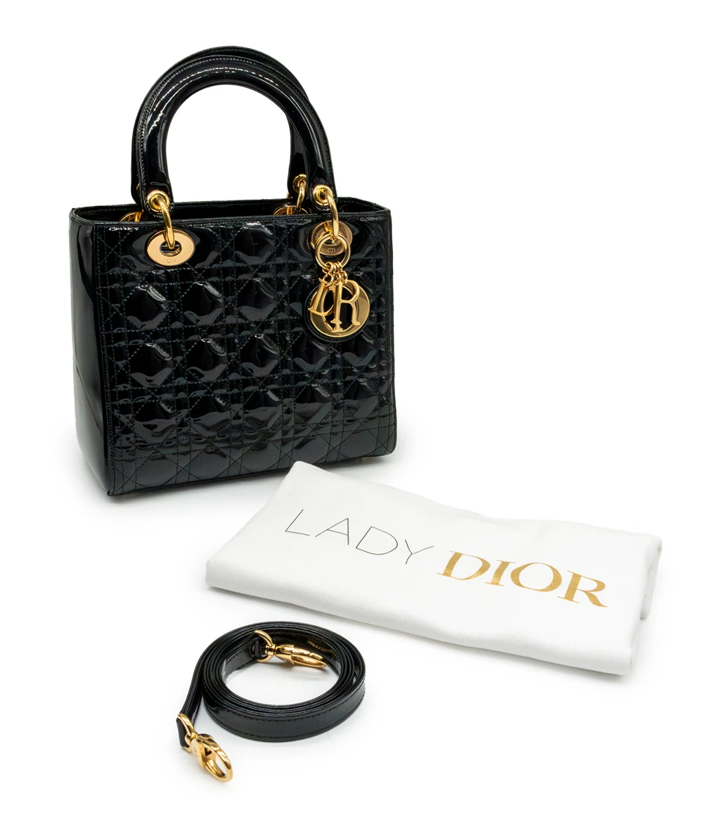 Christian Dior Black Color Cannage Patent Leather Medium Lady Dior Satchel Bag