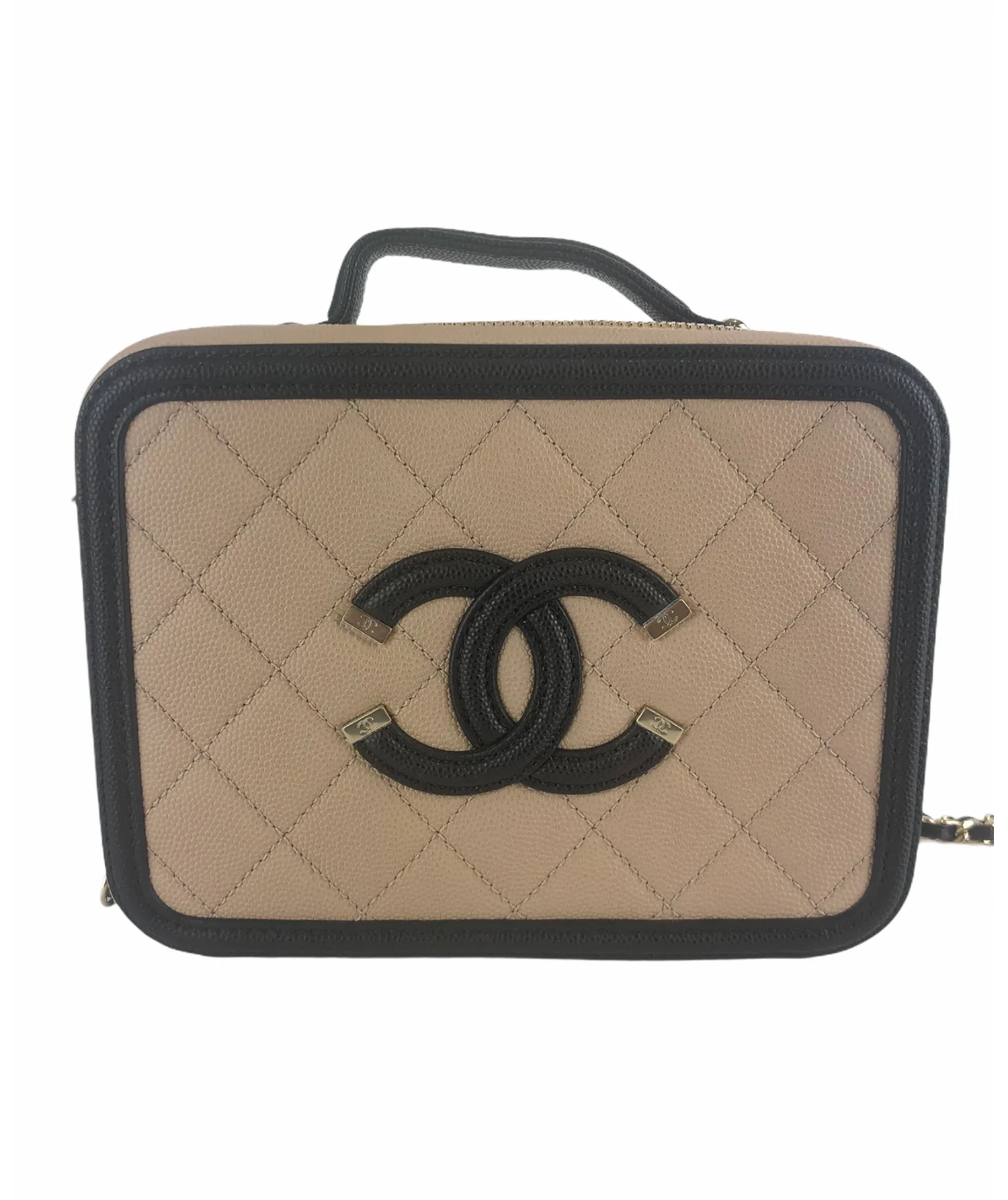 Chanel Cream  Black Caviar Leather CC Filigree Vanity Crossbody