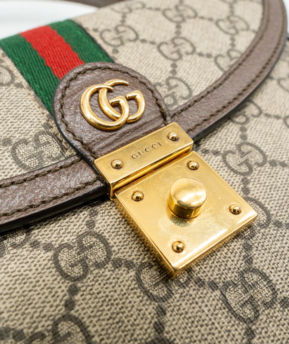 Gucci Small Ophidia Web Top Handle Bag in GG Supreme Canvas  Leather