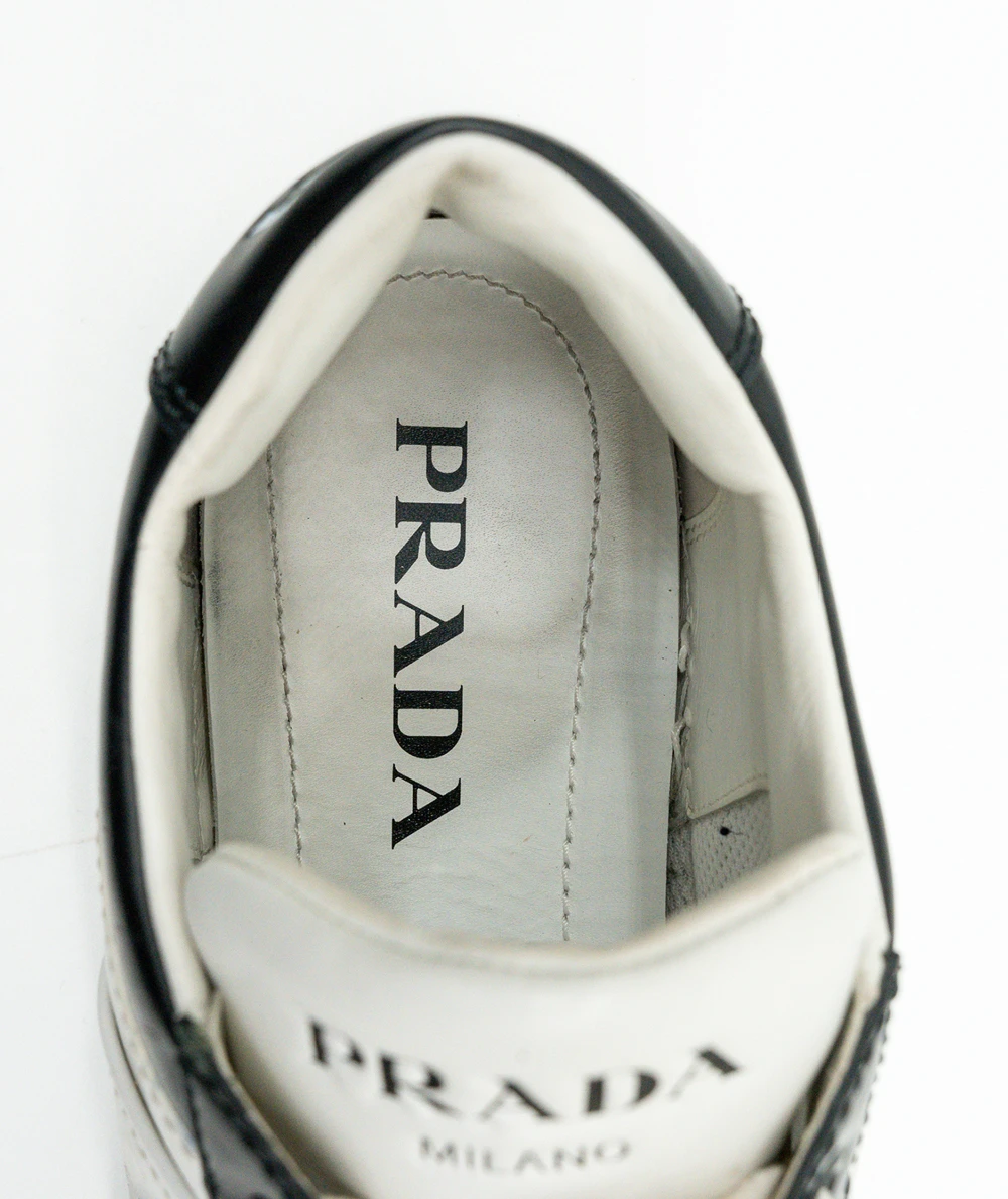 Prada Size 39 White and Black Downtown Leather Womens Sneakers