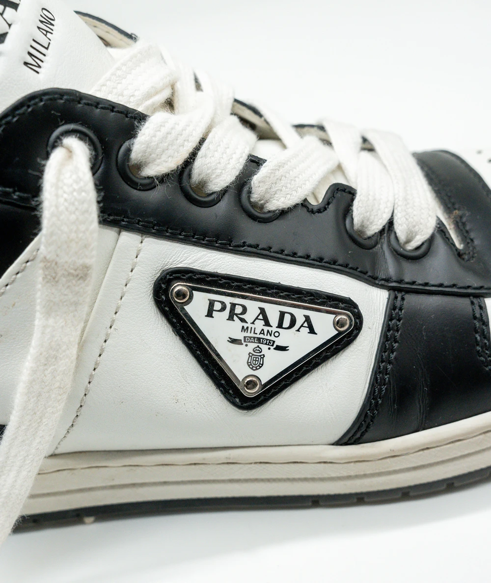 Prada Size 39 White and Black Downtown Leather Womens Sneakers