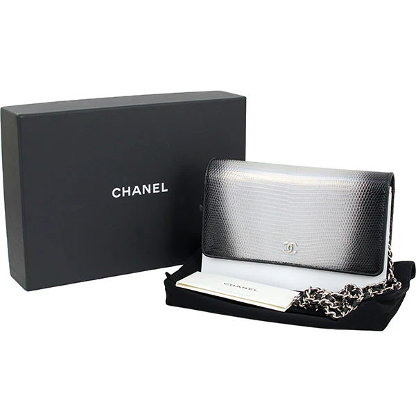 Chanel Black and Silver Lizard Skin Wallet On Chain Bag