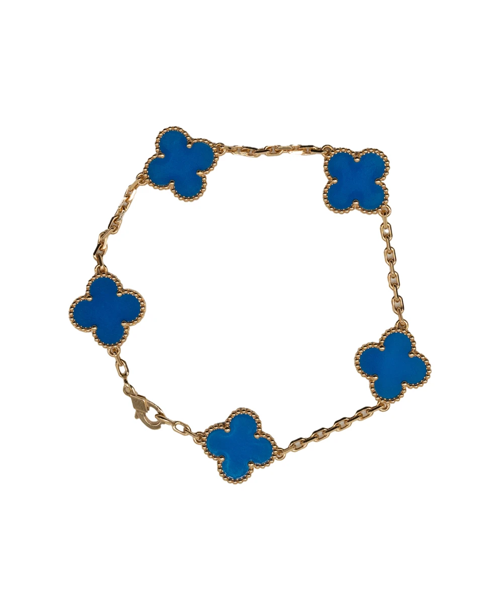 Van Cleef  Arpels Vintage Alhambra Agate 18k Yellow Gold 5 Motif Station Bracelet