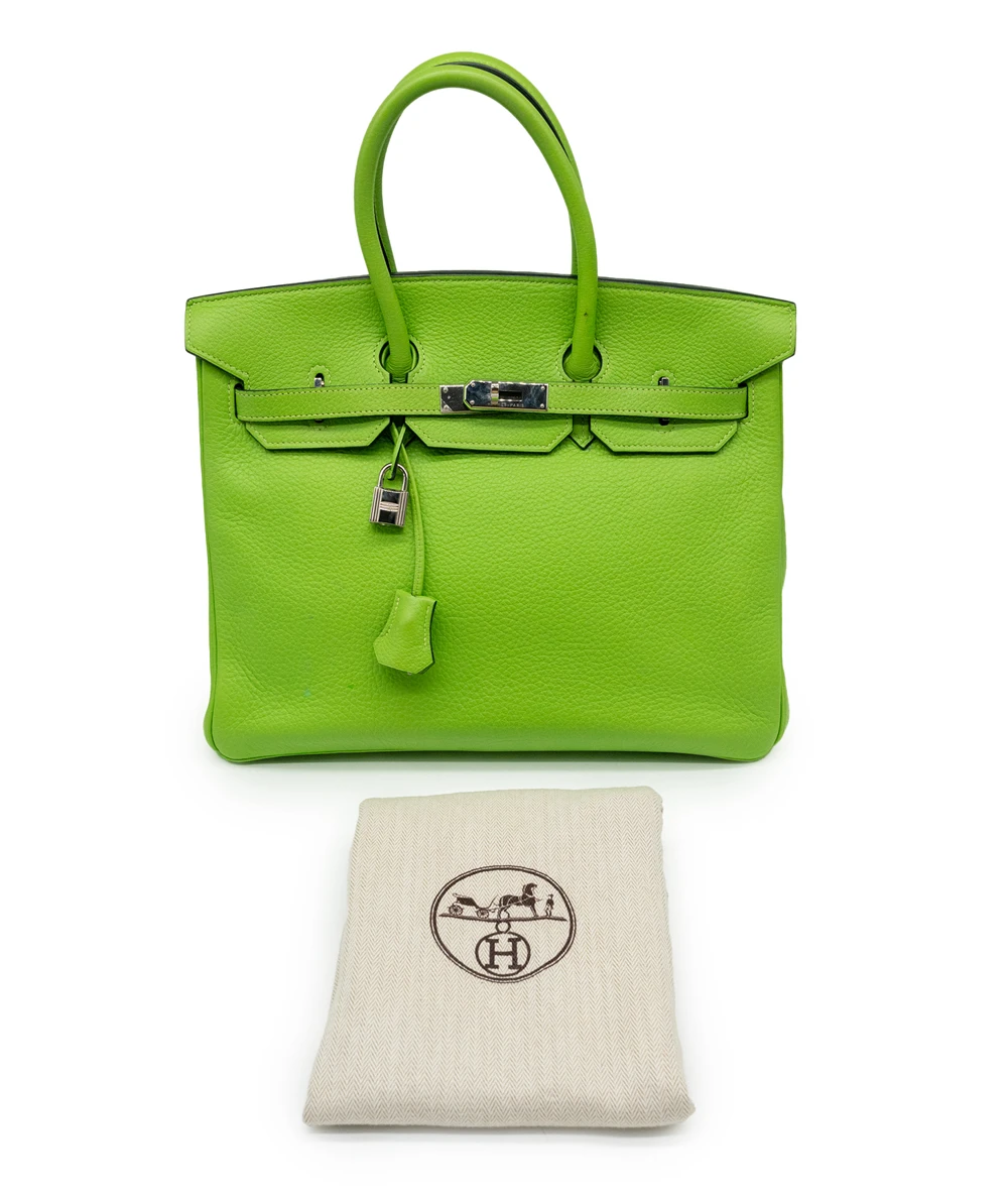 Hermes Size 35 Clemence Leather Birkin in Apple Green with Palladium hardware