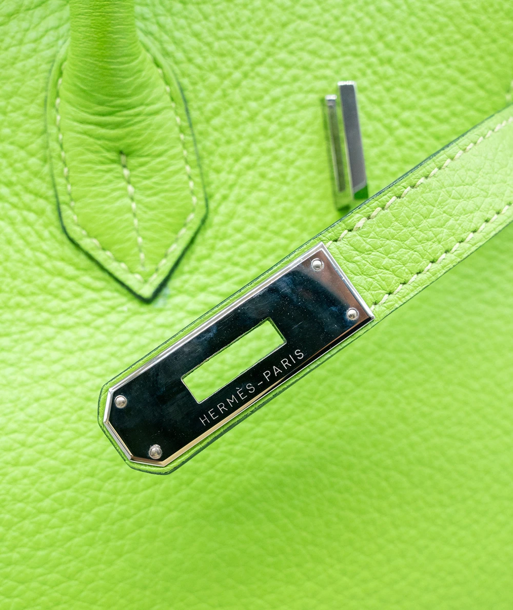 Hermes Size 35 Clemence Leather Birkin in Apple Green with Palladium hardware