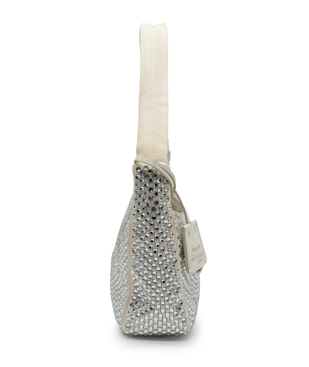 Prada White Satin Crystal Embellished Re-Edition 2000 Baguette