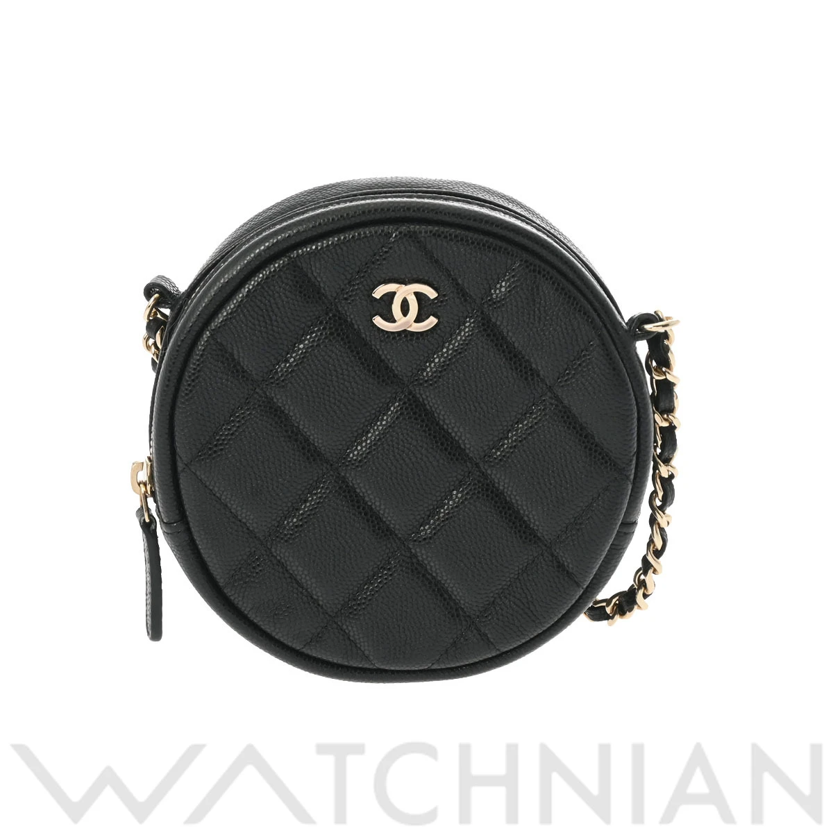 Chanel Black Round Chain Clutch Caviar Skin Shoulder Bag