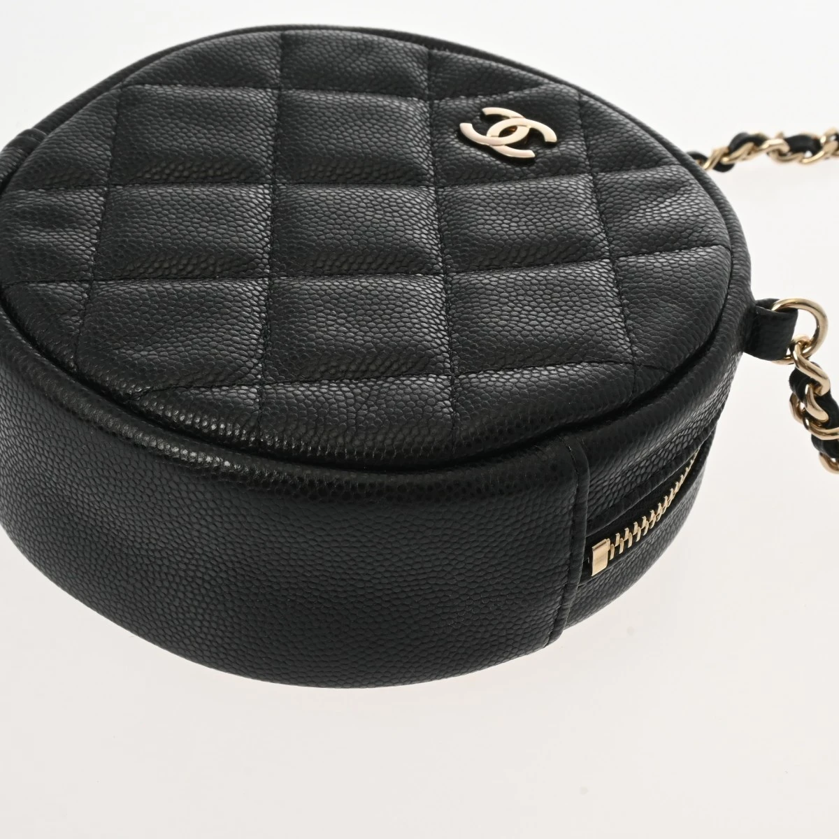 Chanel Black Round Chain Clutch Caviar Skin Shoulder Bag