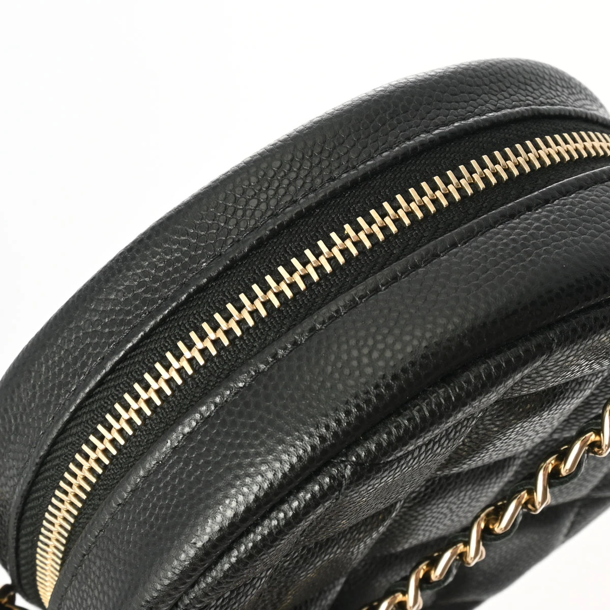 Chanel Black Round Chain Clutch Caviar Skin Shoulder Bag