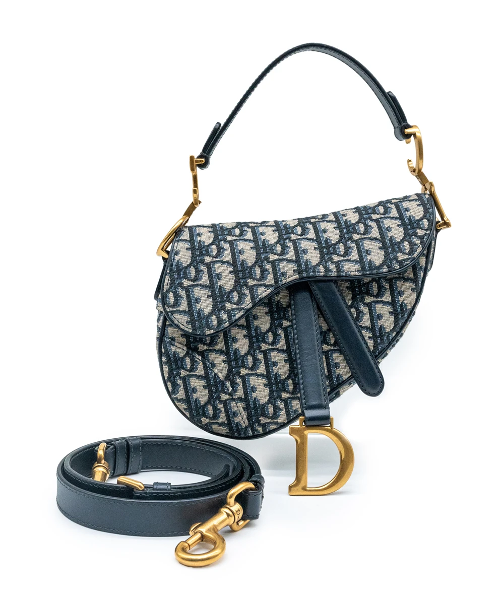 Dior Navy Blue/Beige Oblique Canvas and Leather Mini Saddle Bag
