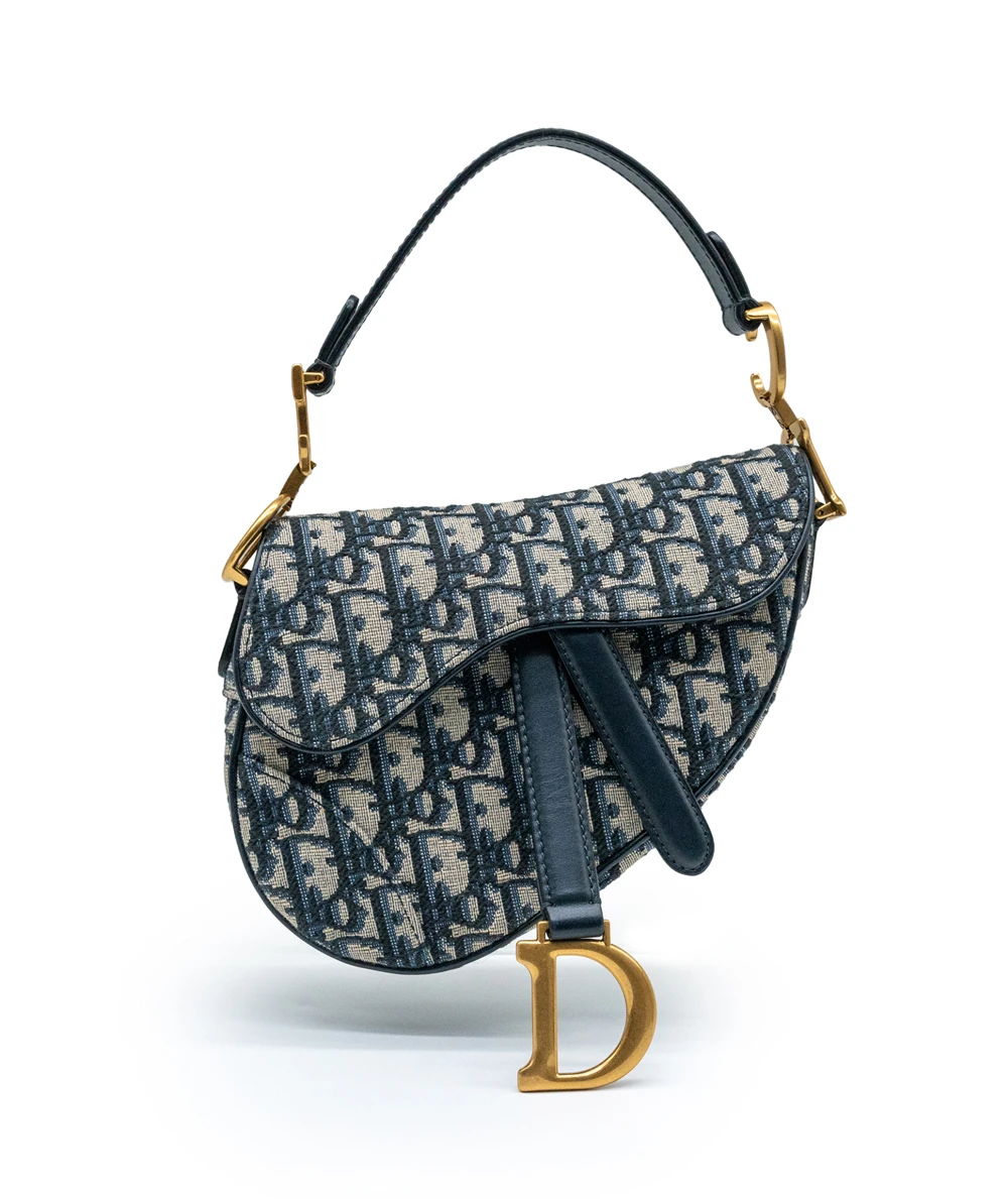 Dior Navy Blue/Beige Oblique Canvas and Leather Mini Saddle Bag