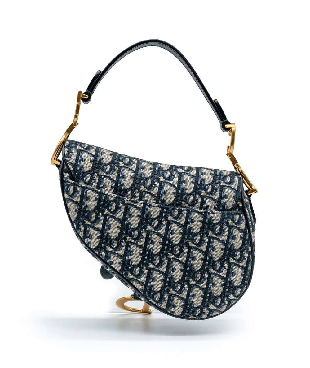 Dior Navy Blue/Beige Oblique Canvas and Leather Mini Saddle Bag