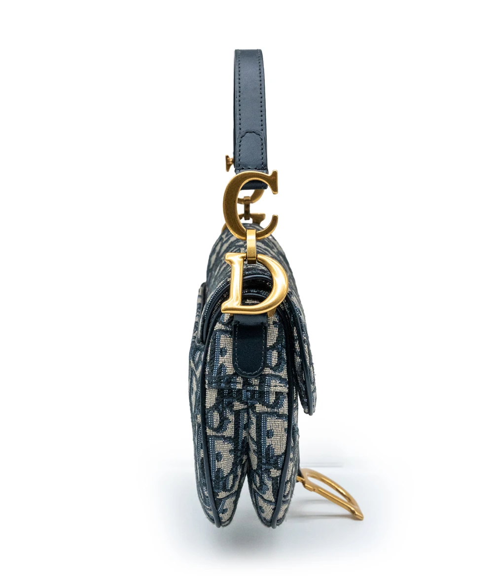 Dior Navy Blue/Beige Oblique Canvas and Leather Mini Saddle Bag