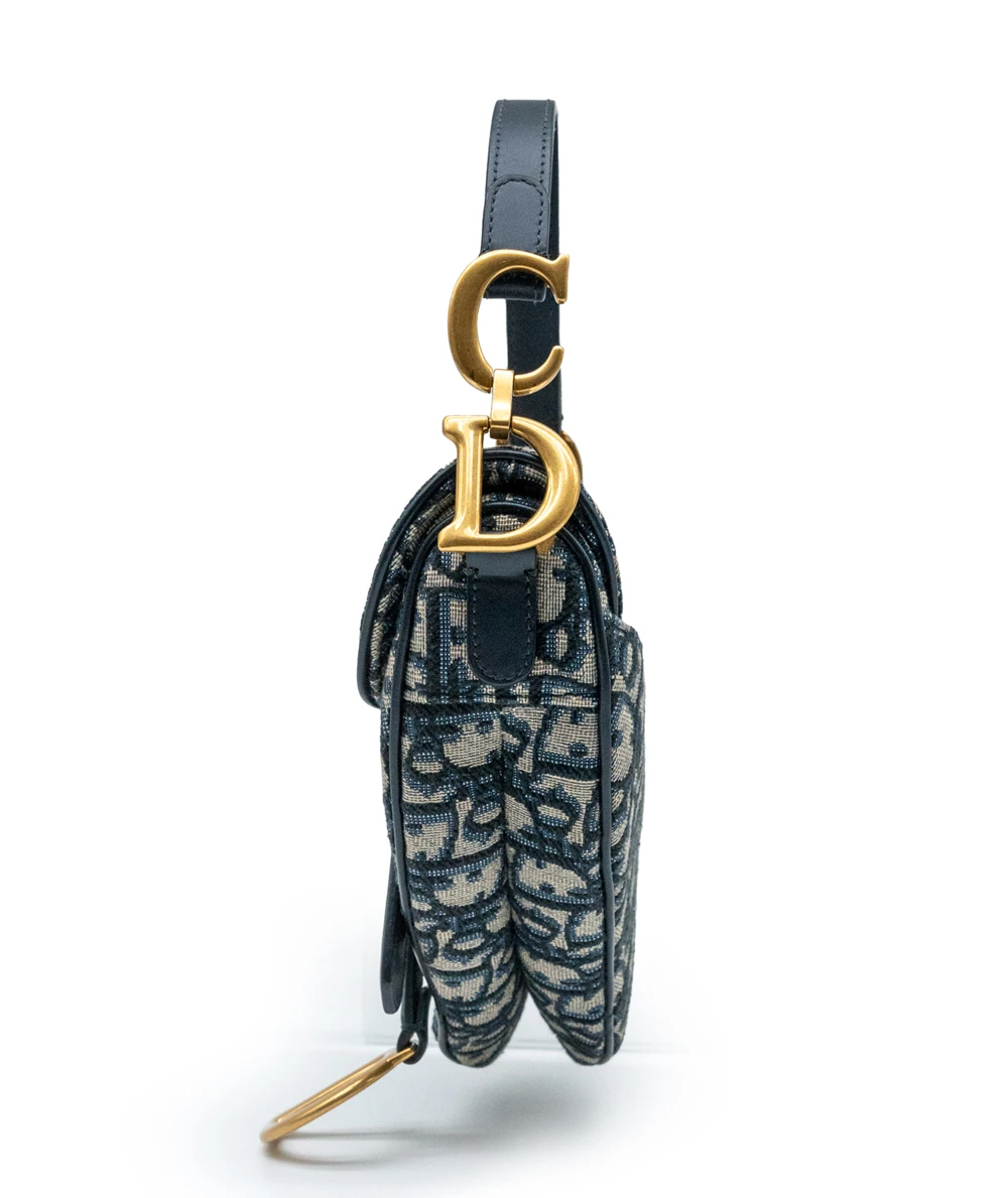 Dior Navy Blue/Beige Oblique Canvas and Leather Mini Saddle Bag