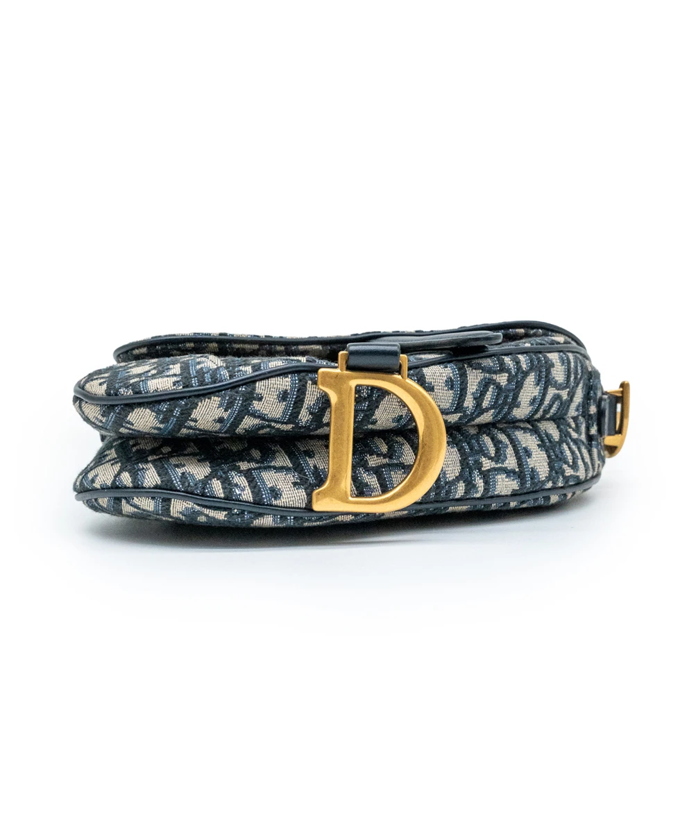 Dior Navy Blue/Beige Oblique Canvas and Leather Mini Saddle Bag