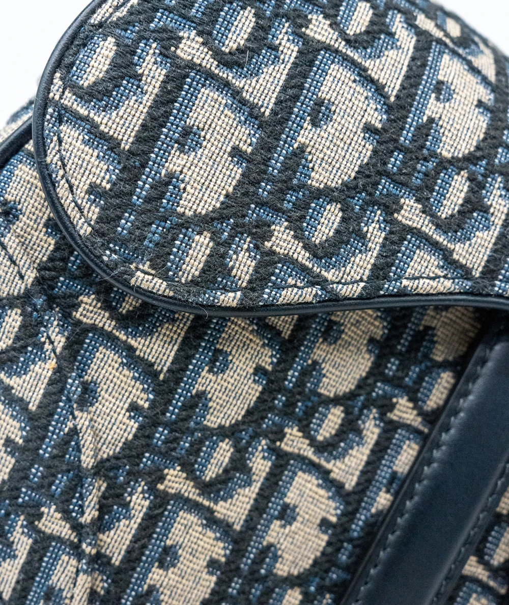 Dior Navy Blue/Beige Oblique Canvas and Leather Mini Saddle Bag