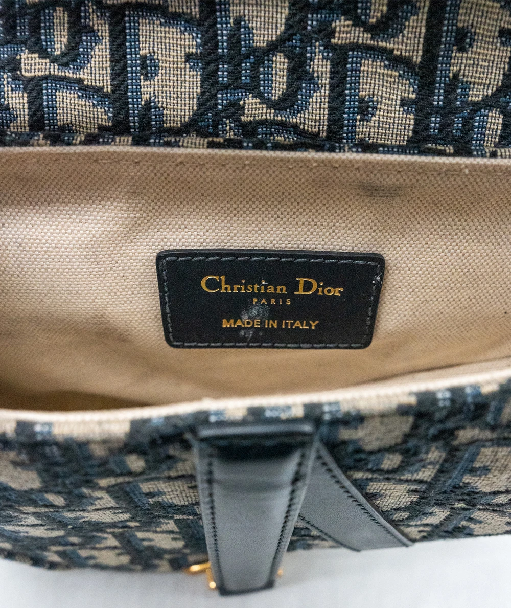 Dior Navy Blue/Beige Oblique Canvas and Leather Mini Saddle Bag