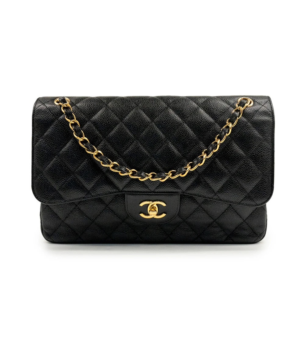 Chanel 2017 Black Double Flap Classic Jumbo Quilted Caviar Leather Handbag with Gold Hardware