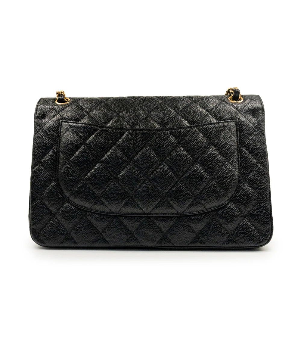 Chanel 2017 Black Double Flap Classic Jumbo Quilted Caviar Leather Handbag with Gold Hardware