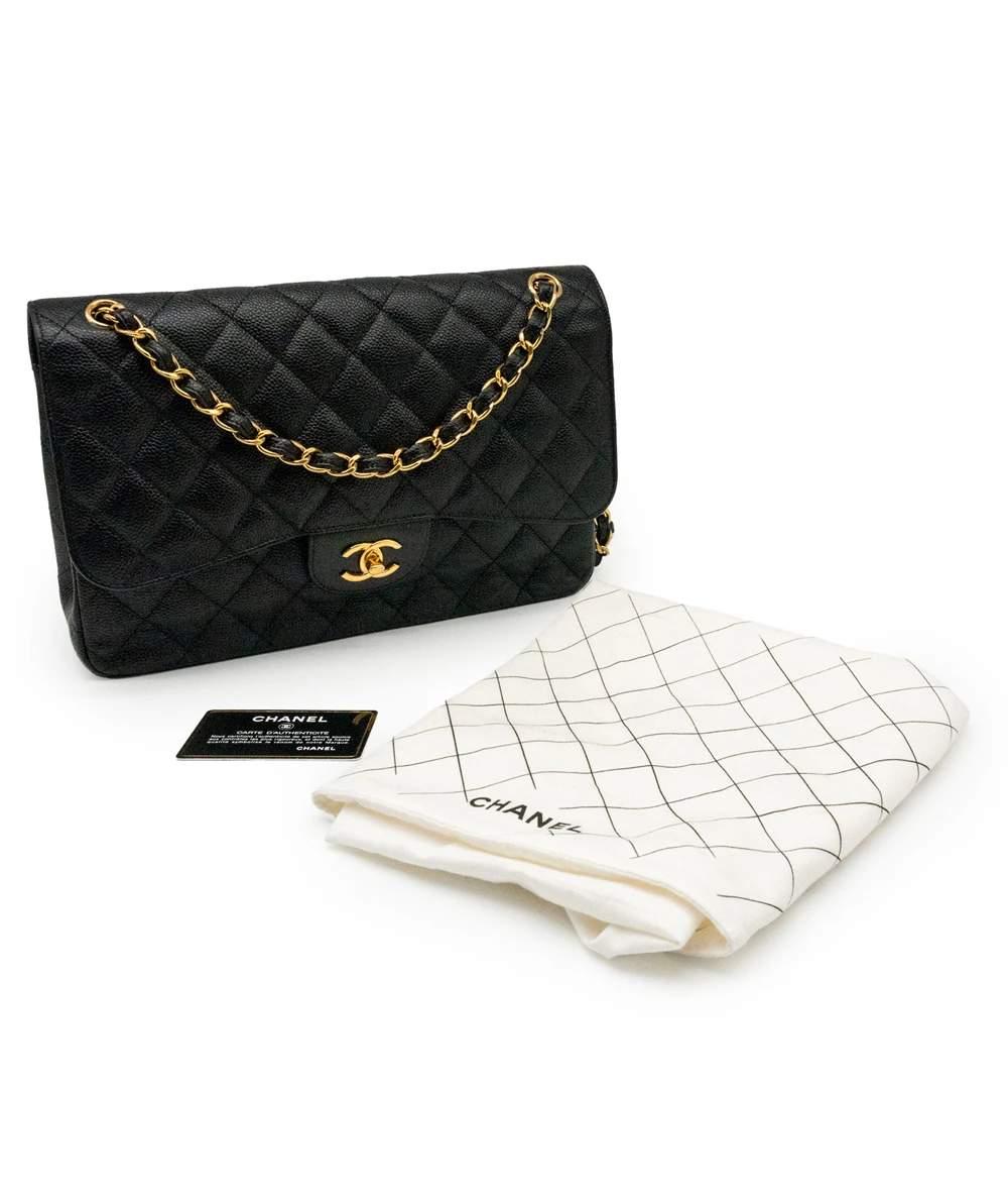 Chanel 2017 Black Double Flap Classic Jumbo Quilted Caviar Leather Handbag with Gold Hardware