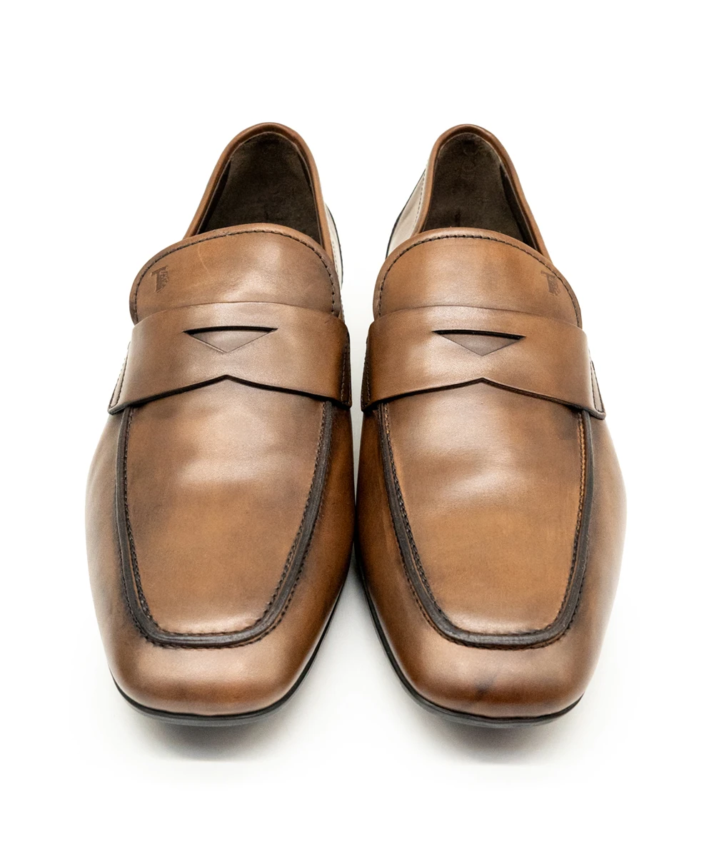 Tods Size 44 Genuine Leather Brown Antique Dyed Penny Loafers