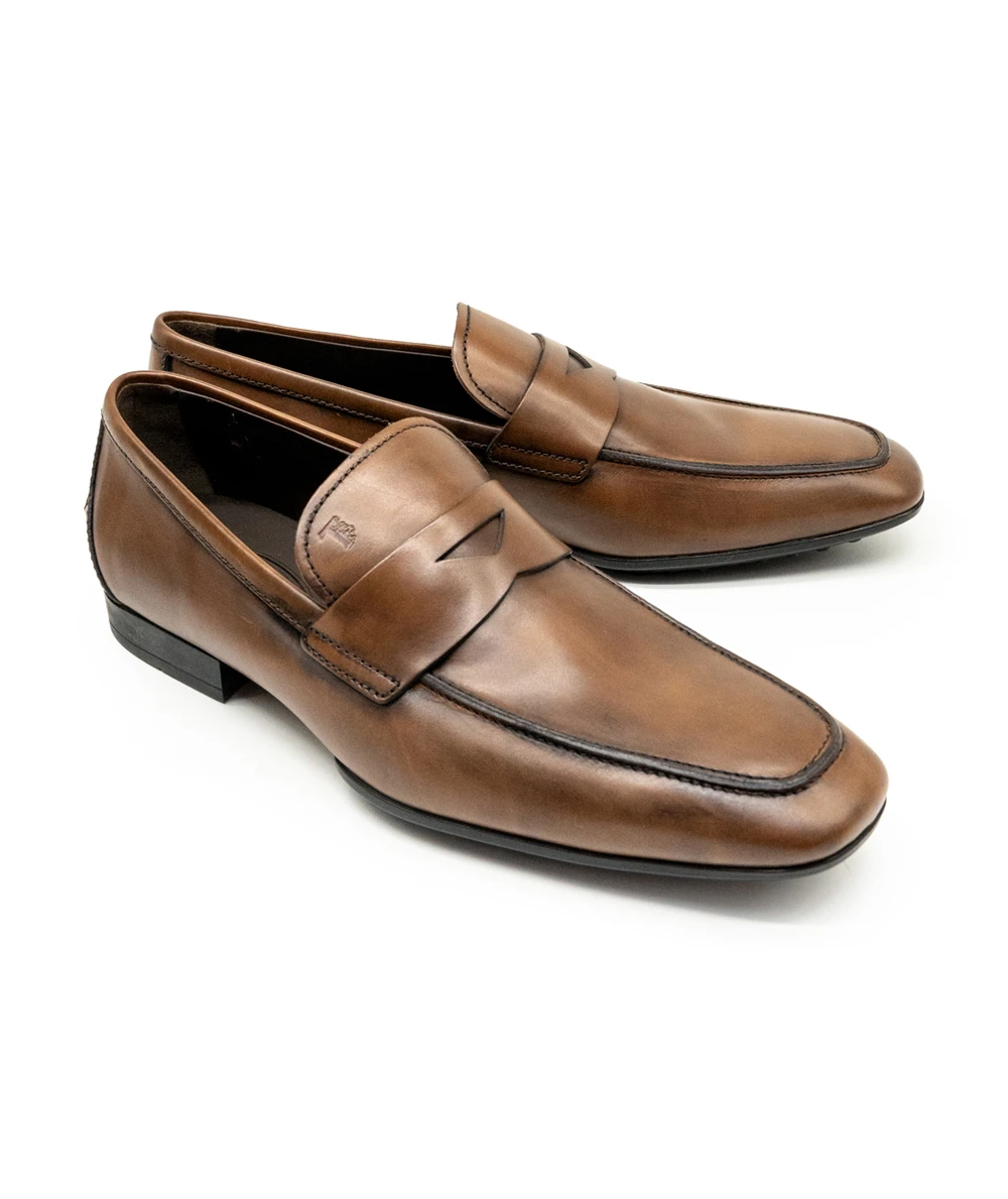 Tods Size 44 Genuine Leather Brown Antique Dyed Penny Loafers