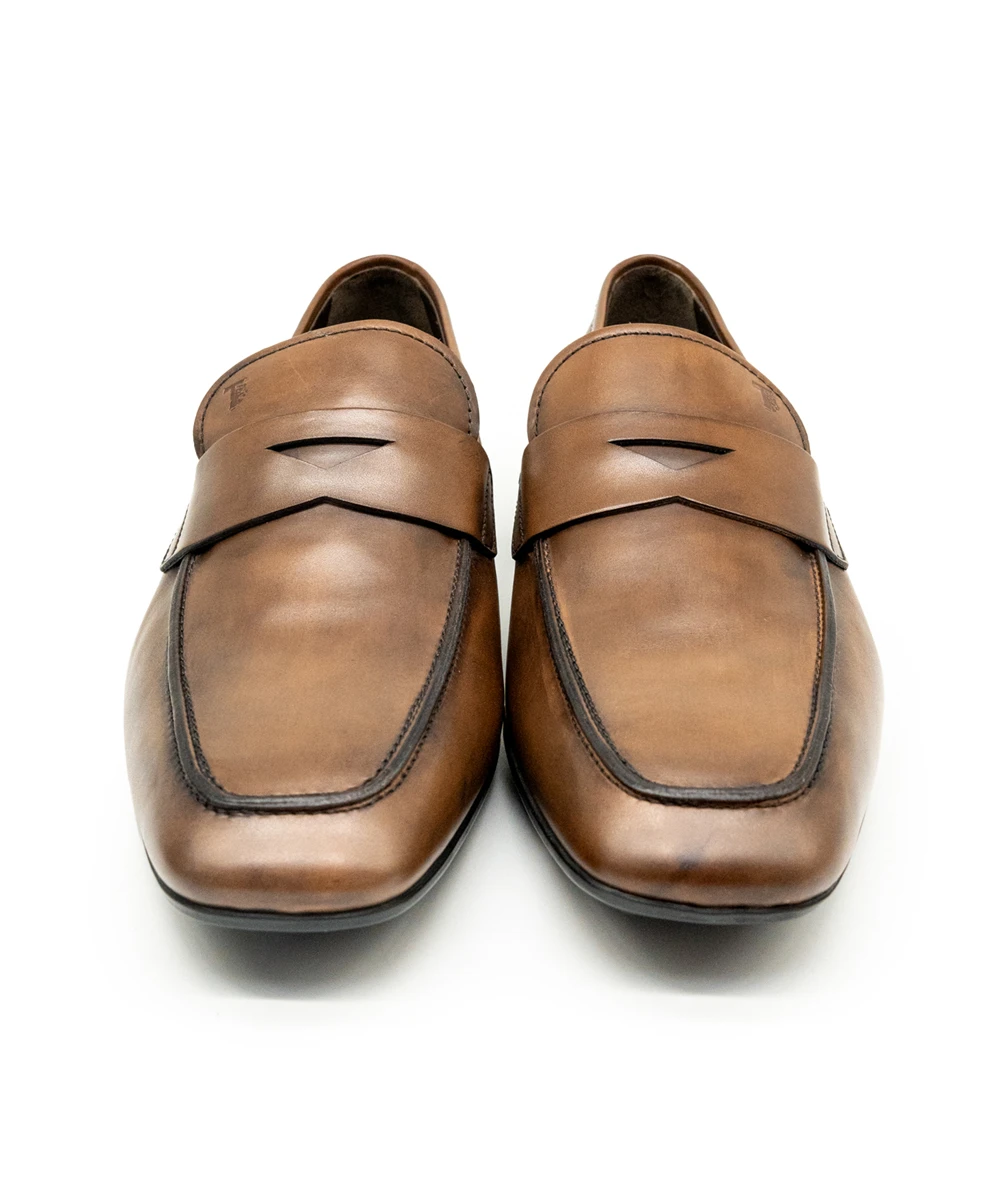 Tods Size 44 Genuine Leather Brown Antique Dyed Penny Loafers