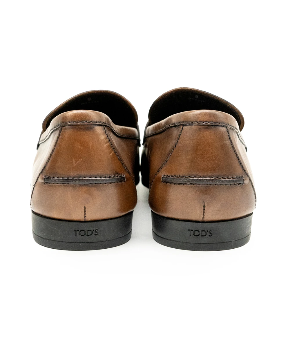 Tods Size 44 Genuine Leather Brown Antique Dyed Penny Loafers