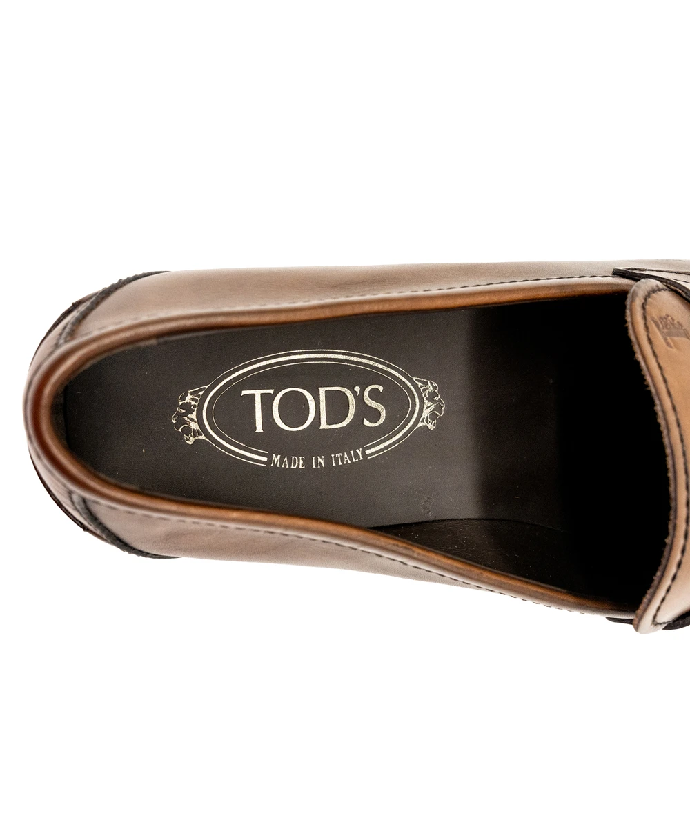 Tods Size 44 Genuine Leather Brown Antique Dyed Penny Loafers