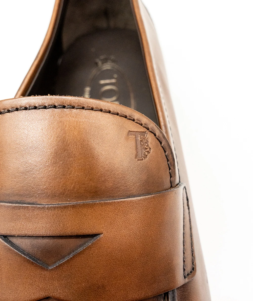 Tods Size 44 Genuine Leather Brown Antique Dyed Penny Loafers