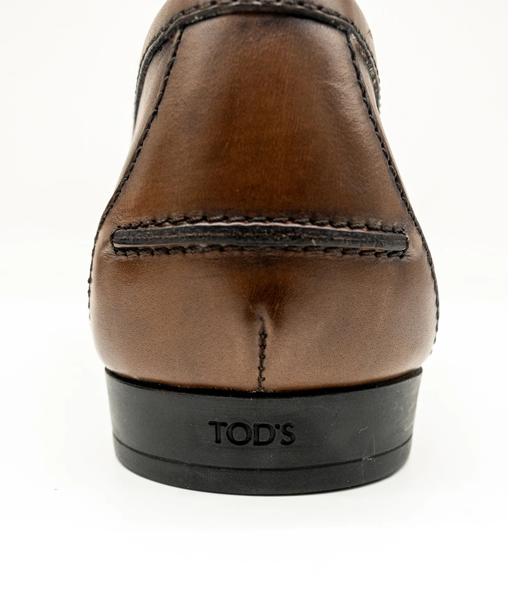 Tods Size 44 Genuine Leather Brown Antique Dyed Penny Loafers