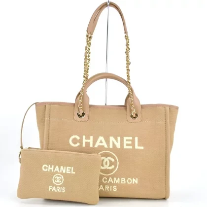 Chanel Deauville Medium Size Beige Color Canvas Tote Bag