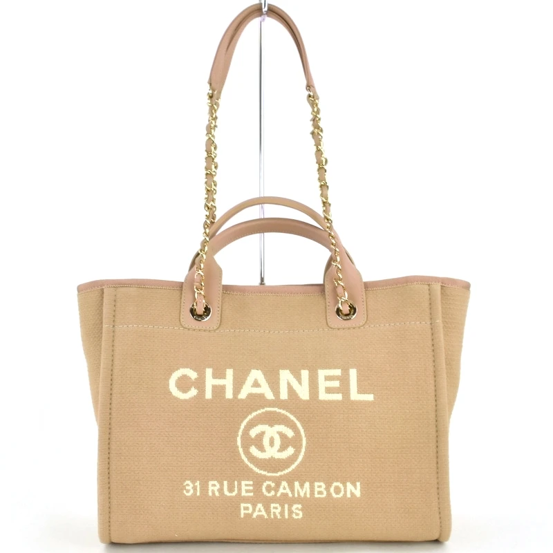 Chanel Deauville Medium Size Beige Color Canvas Tote Bag