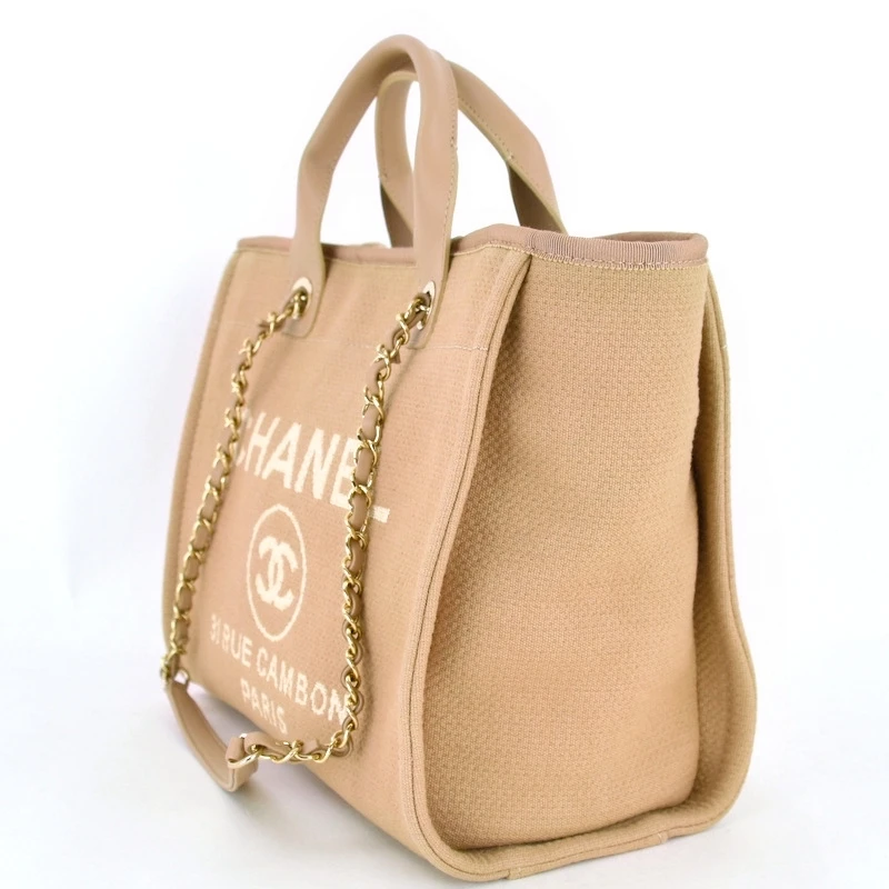 Chanel Deauville Medium Size Beige Color Canvas Tote Bag