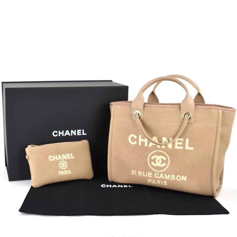 Chanel Deauville Medium Size Beige Color Canvas Tote Bag