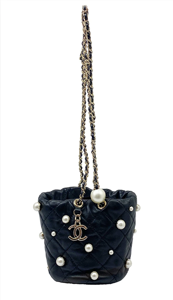 Chanel Black Lambskin Quilted Pearl Mini About Pearl Drawstring Bag