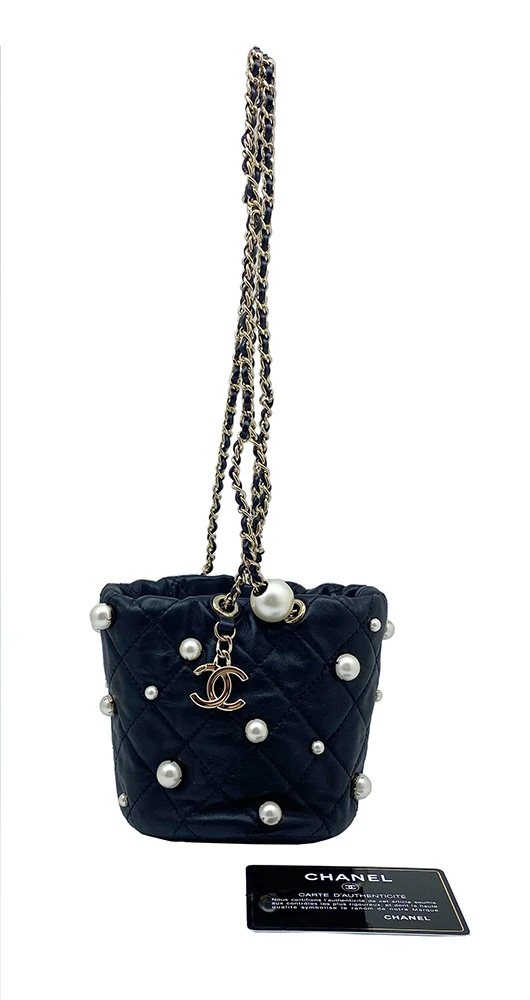 Chanel Black Lambskin Quilted Pearl Mini About Pearl Drawstring Bag