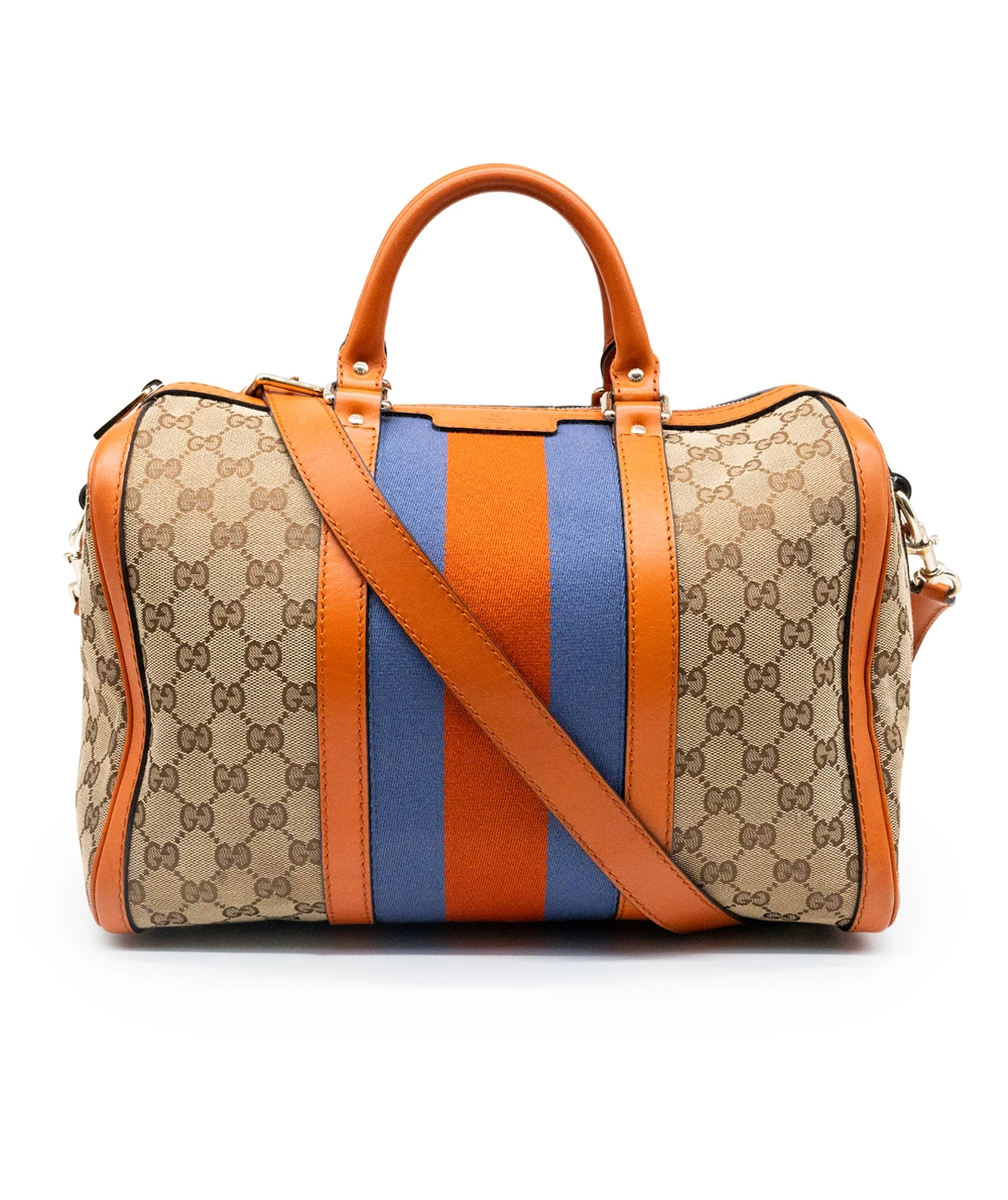Gucci Beige/Brown GG Canvas And Orange Leather Medium Vintage Web Boston Bag