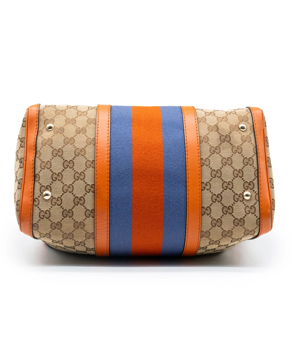 Gucci Beige/Brown GG Canvas And Orange Leather Medium Vintage Web Boston Bag