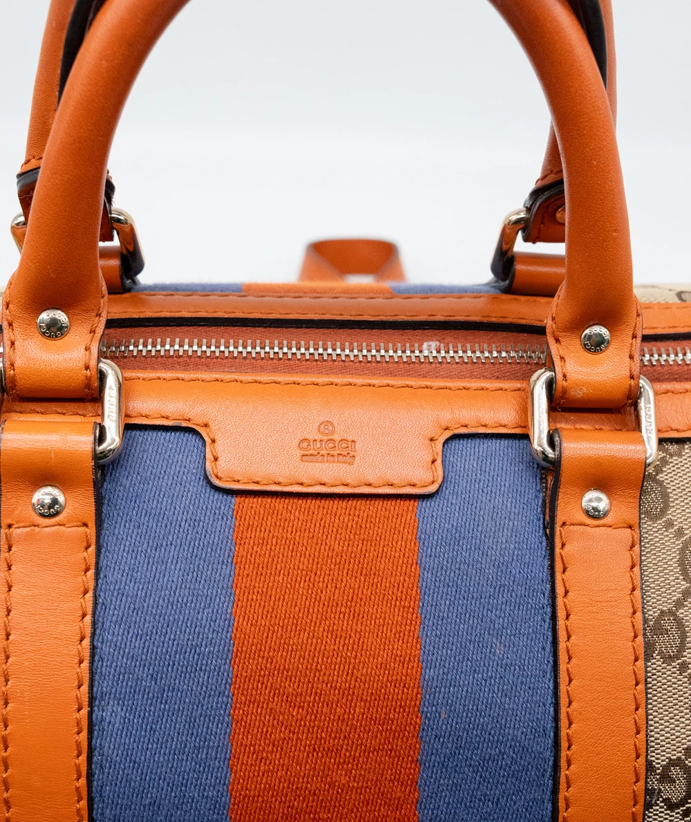Gucci Beige/Brown GG Canvas And Orange Leather Medium Vintage Web Boston Bag