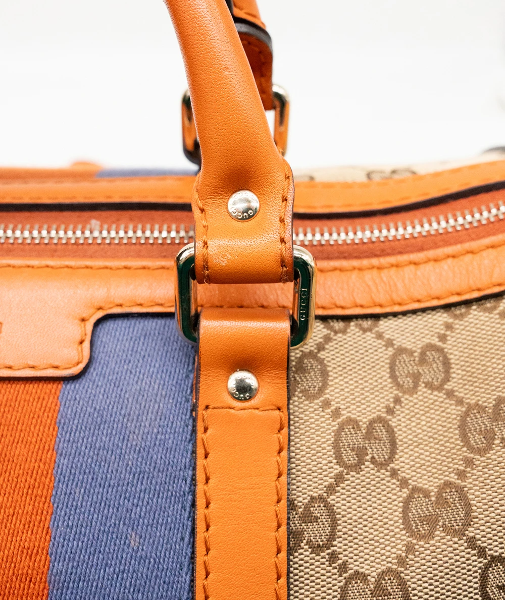 Gucci Beige/Brown GG Canvas And Orange Leather Medium Vintage Web Boston Bag