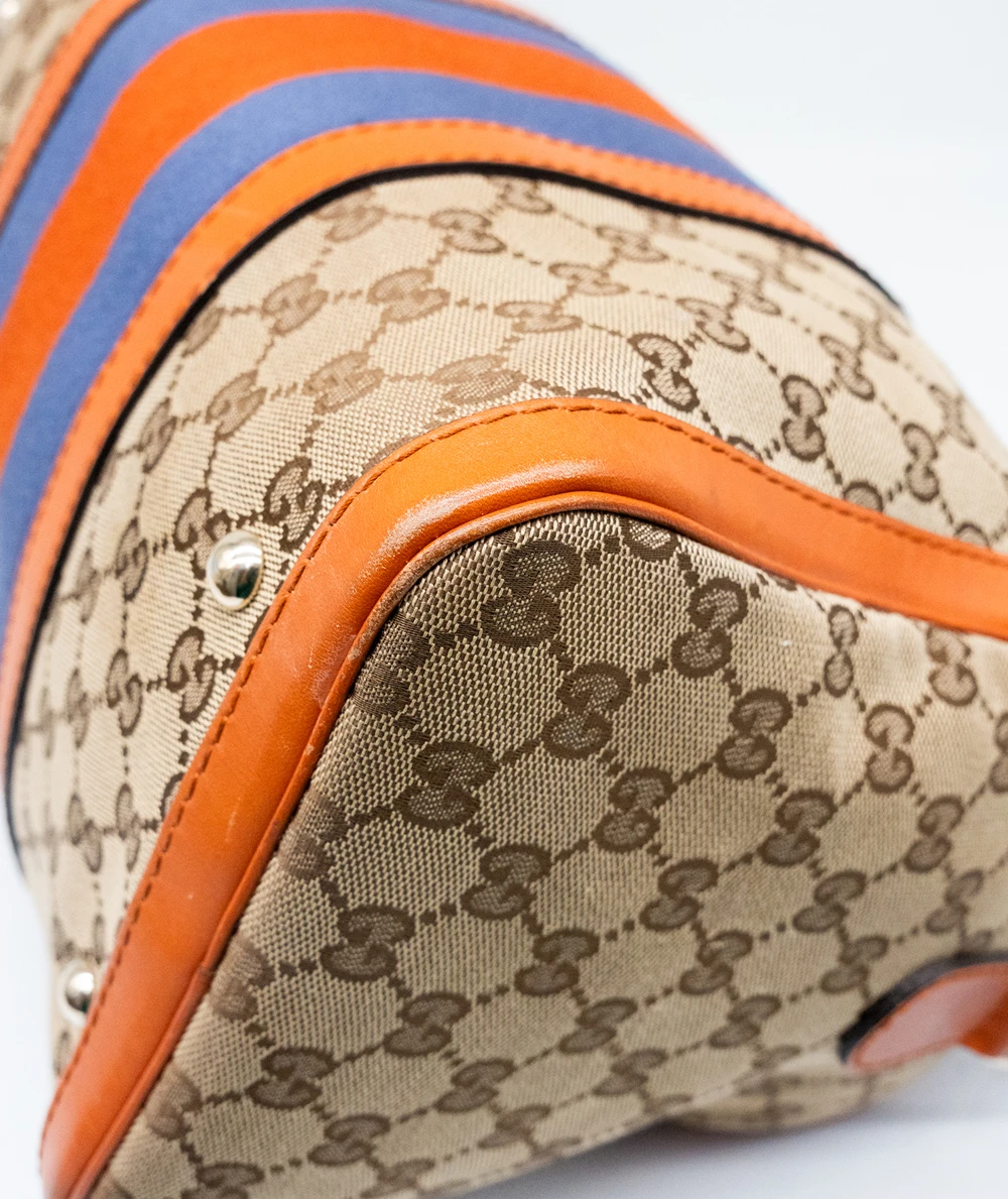 Gucci Beige/Brown GG Canvas And Orange Leather Medium Vintage Web Boston Bag
